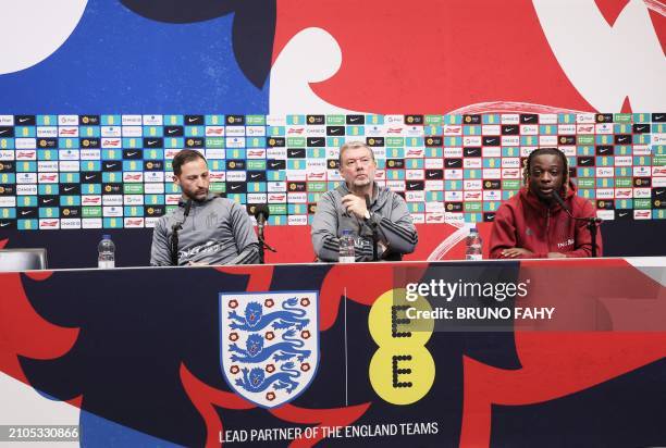 Belgium's head coach Domenico Tedesco, spokesman Stefan Van Loock and Belgium's Jeremy Doku pictured during a press conference of Belgian national...