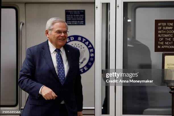 Sen. Robert Menendez walks through the Senate Subway in the U.S. Capitol on March 22, 2024 in Washington, DC. Menendez announced he would not seek...