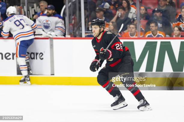 Ottawa Senators Defenceman Erik Brannstrom skates during second period National Hockey League action between the Edmonton Oilers and Ottawa Senators...