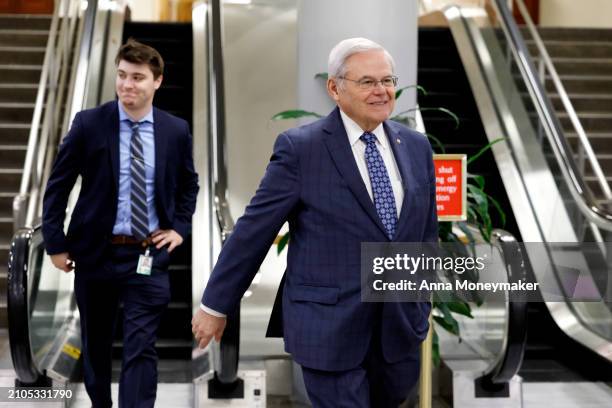 Sen. Robert Menendez walks through the Senate Subway in the U.S. Capitol on March 22, 2024 in Washington, DC. Menendez announced he would not seek...