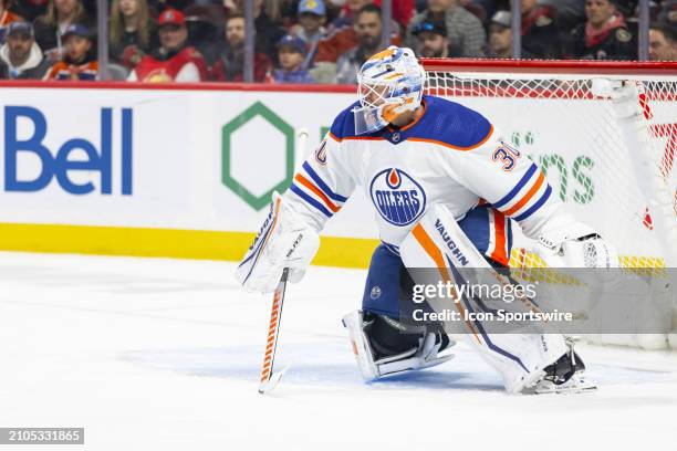 Edmonton Oilers Goalie Calvin Pickard looks to make a save during first period National Hockey League action between the Edmonton Oilers and Ottawa...