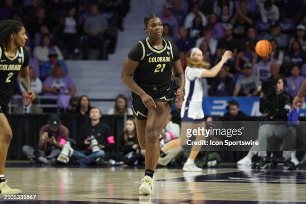 Aaronette Vonleh runs down court after a basket in the first quarter of the Colorado Buffaloes versus Kansas State Wildcats game in the second round...