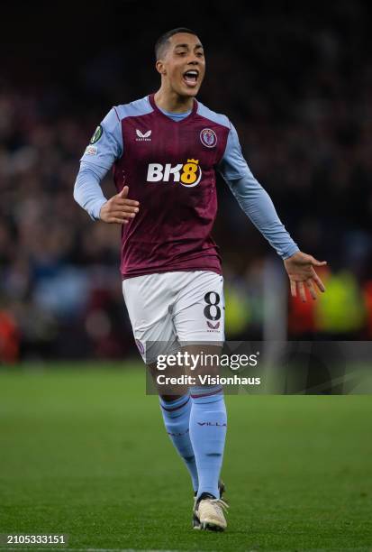 Youri Tielemans of Aston Villa shouts to team mates during the UEFA Europa Conference League 2023/24 round of 16 second leg match between Aston Villa...