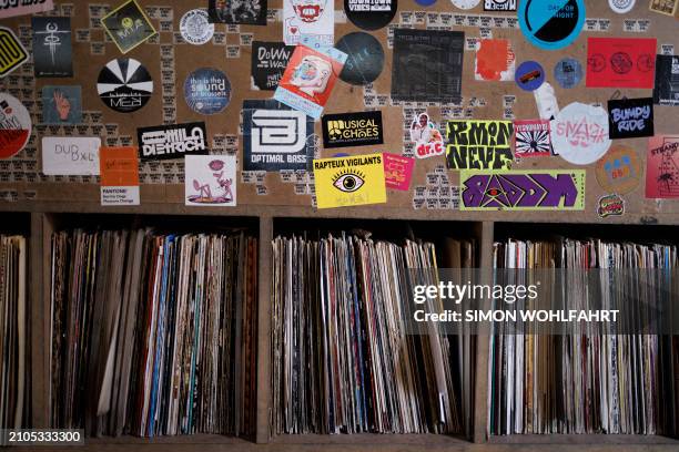 Photo shows vinyl records at the record shop "Doctor Vinyl" in central Brussels on March 23, 2024. For 30 years, the Brussels nightclub Fuse has...
