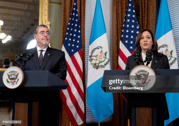 Bernardo Arevalo, Guatemala's president, left, and US Vice President Kamala Harris during a meeting in the Vice President's Ceremonial Office in...