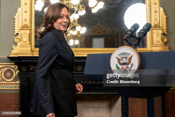 Vice President Kamala Harris arrives for a meeting with Bernardo Arevalo, Guatemala's president, not pictured, in the Vice President's Ceremonial...