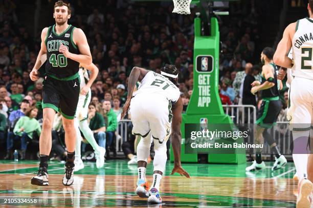 Patrick Beverley of the Milwaukee Bucks celebrates during the game against the Boston Celtics on March 20, 2024 at the TD Garden in Boston,...