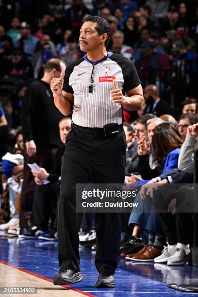 Referee Bill Kennedy looks on during the Miami Heat game against the Philadelphia 76ers on March 18, 2024 at the Wells Fargo Center in Philadelphia,...