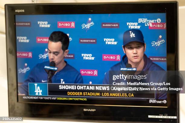 Los Angeles, CA Shohei Ohtani gives a press conference at Dodger Stadium before a game against the Angels on Monday, March 25, 2024.Shohei Ohtani...