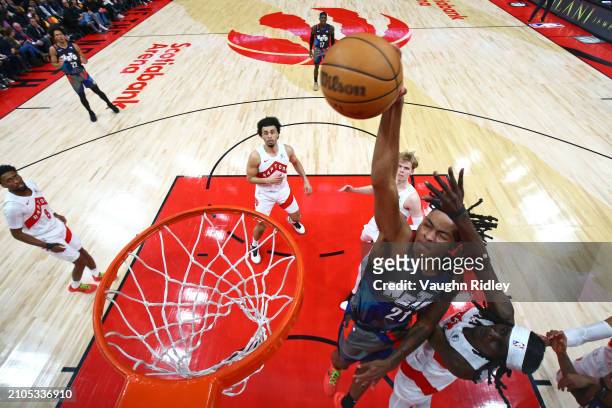 Noah Clowney of the Brooklyn Nets dunks the ball during the game against the Toronto Raptors on March 25, 2024 at the Scotiabank Arena in Toronto,...