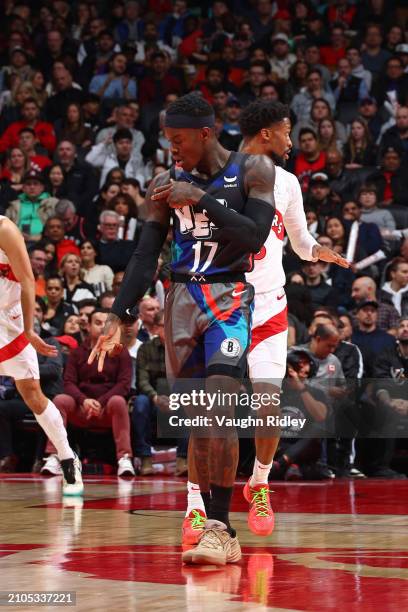 Dennis Schroder of the Brooklyn Nets celebrates three point basket during the game against the Toronto Raptors on March 25, 2024 at the Scotiabank...