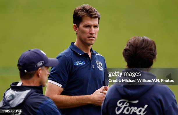 Andrew Mackie, General Manager of Football at the Cats is seen during the Geelong Cats training session at GMHBA Stadium on March 26, 2024 in...