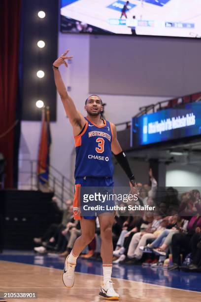 Jacob Toppin of the Westchester Knicks celebrates three point basket during the game against the Greensboro Swarm on March 25, 2024 in White...