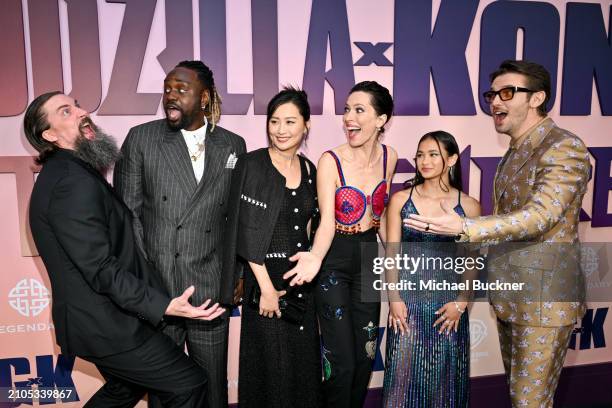 Adam Wingard, Brian Tyree Henry, Fala Chen, Rebecca Hall, Kaylee Hottle and Dan Stevens at the world premiere of "Godzilla x Kong: The New Empire"...