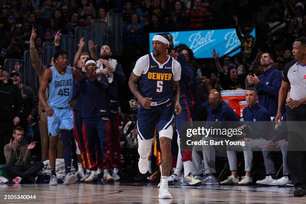 Kentavious Caldwell-Pope of the Denver Nuggets looks on during the game against the Memphis Grizzlies on March 25, 2024 at the Ball Arena in Denver,...