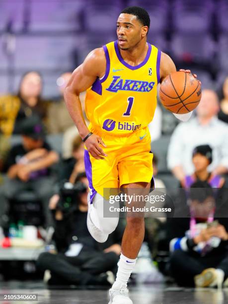 Shaquille Harrison of the South Bay Lakers handles the ball during the game against the G League Ignite on March 25, 2024 at The Dollar Loan Center...