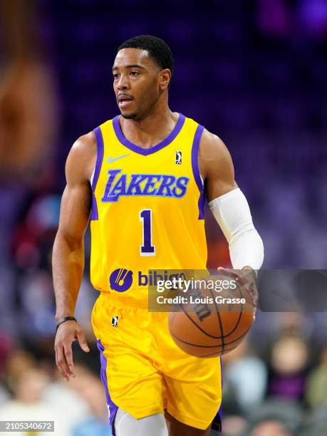 Shaquille Harrison of the South Bay Lakers handles the ball during the game against the G League Ignite on March 25, 2024 at The Dollar Loan Center...