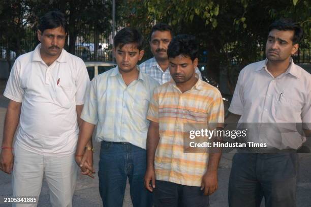 Rakesh Kumar verma and Vikas Verma arrested by Delhi police in PMT paper leak case on April 11, 2004 in New Delhi, India.