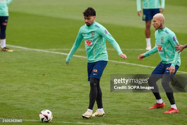 Lucas Paqueta of Brazil seen in action during the Brazilian National Football Team training on the eve of the international friendly match between...