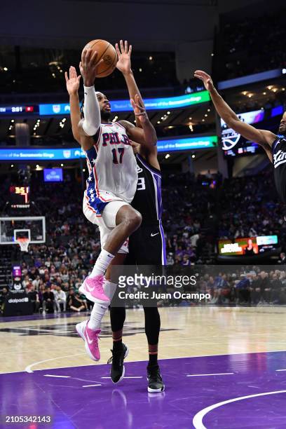 March 25: Buddy Hield of the Philadelphia 76ers drives to the basket during the game against the Sacramento Kings on March 25, 2024 at Golden 1...