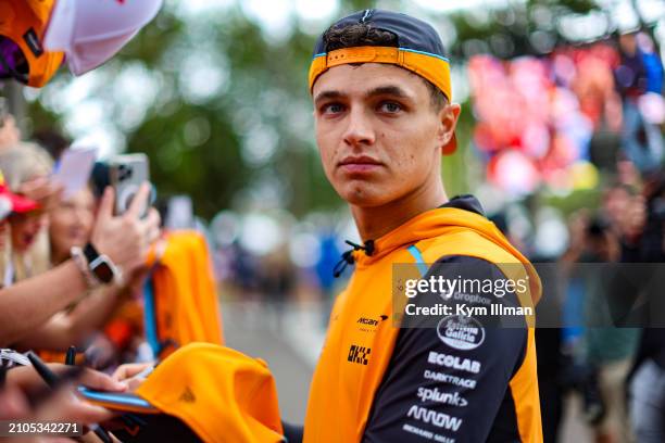 Lando Norris of Great Britain and McLaren F1 arrives at the circuit ahead of qualifying for the F1 Grand Prix of Australia at Albert Park Circuit on...