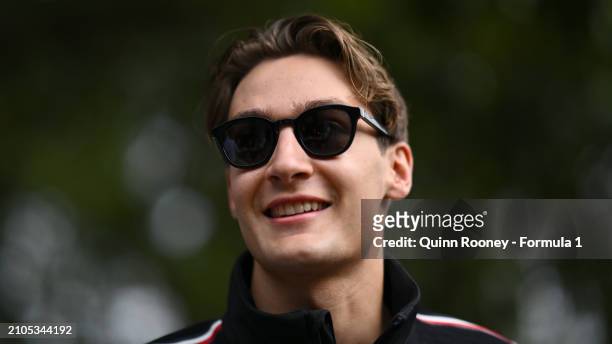 George Russell of Great Britain and Mercedes looks on in the Paddock prior to final practice ahead of the F1 Grand Prix of Australia at Albert Park...
