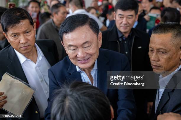 Thaksin Shinawatra, Thailand's former prime minister, arrives at the Pheu Thai party headquarters in Bangkok, Thailand, on Tuesday, March 26, 2024....