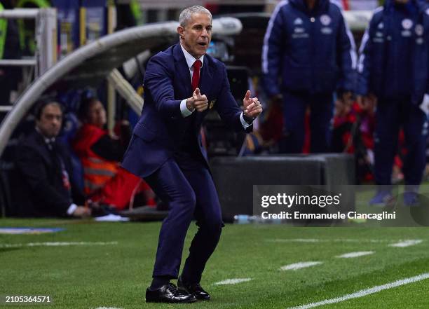 Sylvinho, head coach of Albania reacts during the international friendly match between Albania and Chile at Stadio Ennio Tardini on March 22, 2024 in...