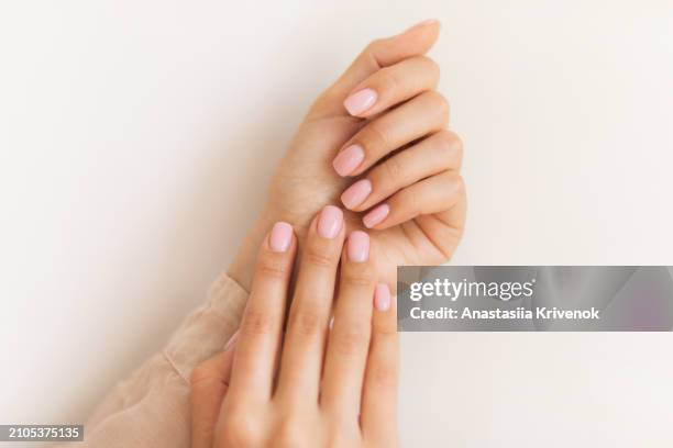 manicure on female hands with light pink nail polish. - nagellack bildbanksfoton och bilder