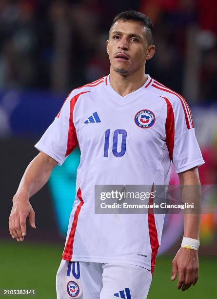 Alexis Sánchez of Chile looks on during the international friendly match between Albania and Chile at Stadio Ennio Tardini on March 22, 2024 in...