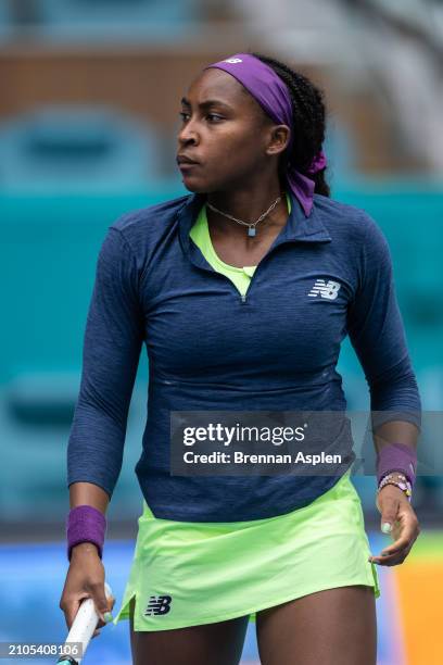 Coco Gauff of the United States before her match against Nadia Podoroska from Argentina on day 7 of the Miami Open at Hard Rock Stadium on March 22,...