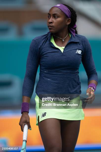 Coco Gauff of the United States before her match against Nadia Podoroska from Argentina on day 7 of the Miami Open at Hard Rock Stadium on March 22,...