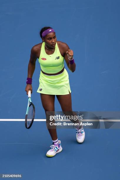 Coco Gauff of the United States during day 7 of the Miami Open at Hard Rock Stadium on March 22, 2024 in Miami Gardens, Florida.