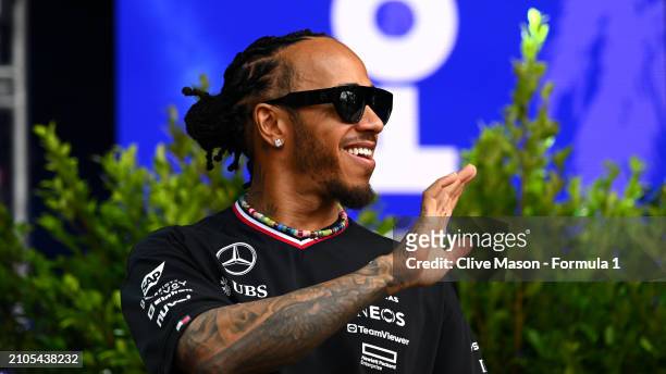 Lewis Hamilton of Great Britain and Mercedes waves to the crowd from the fan stage prior to final practice ahead of the F1 Grand Prix of Australia at...