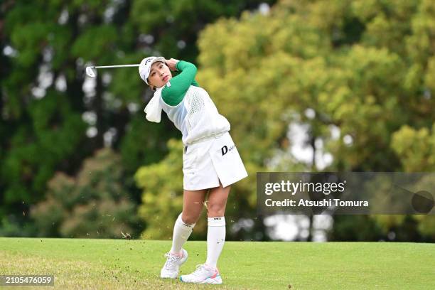 Miyuki Takeuchi of Japan hits her second shot on the 11th hole during the second round of AXA LADIES GOLF TOURNAMENT in MIYAZAKI at UMK Country Club...