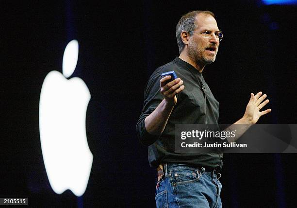 Apple CEO Steve Jobs delivers the keynote address at the Worldwide Developers Conference June 23, 2003 in San Francisco. Jobs announced the new Power...