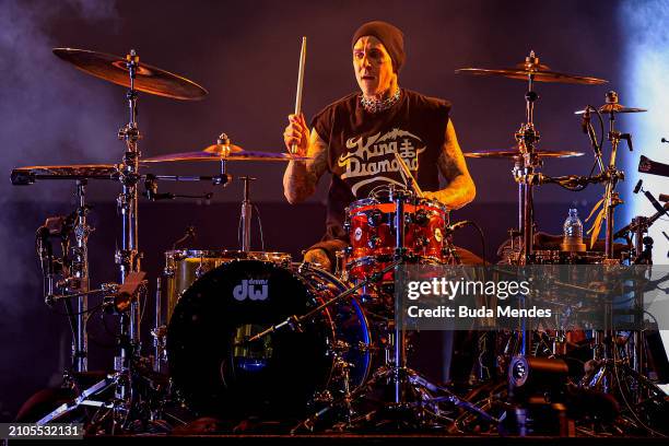 Travis Barker of Blink-182 perform live on stage during day one of Lollapalooza Brazil at Autodromo de Interlagos on March 22, 2024 in Sao Paulo,...