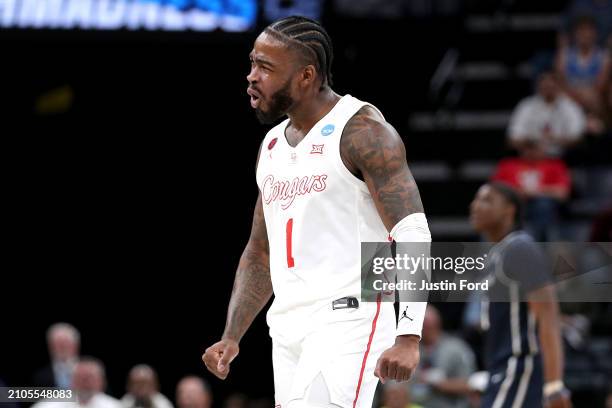 Jamal Shead of the Houston Cougars celebrates a basket against the Longwood Lancers during the first half in the first round of the NCAA Men's...