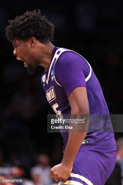 Jaylen Carey of the James Madison Dukes reacts during the first half against the Wisconsin Badgers in the first round of the NCAA Men's Basketball...