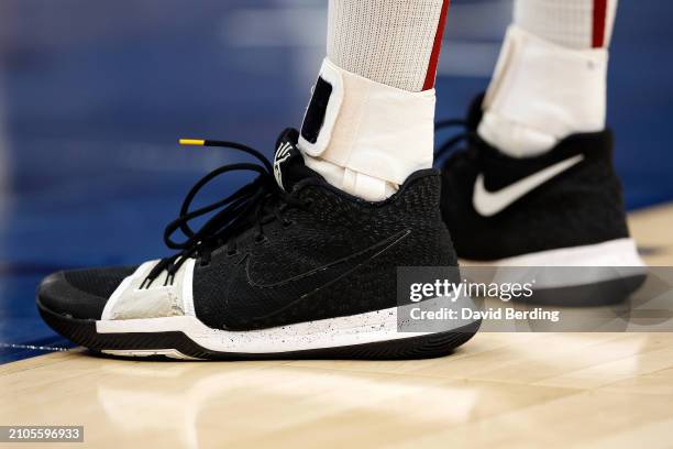 View of the Nike sneakers worn by Jarrett Allen of the Cleveland Cavaliers against the Minnesota Timberwolves in the first quarter at Target Center...