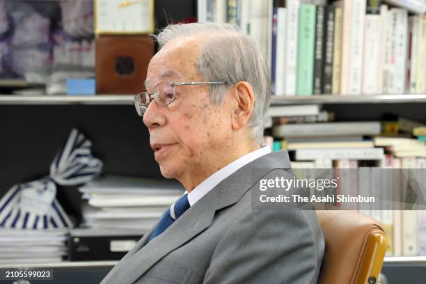 Former Japanese Prime Minister Yasuo Fukuda speaks during the Asahi Shimbun interview on March 19, 2024 in Tokyo, Japan.