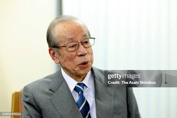 Former Japanese Prime Minister Yasuo Fukuda speaks during the Asahi Shimbun interview on March 19, 2024 in Tokyo, Japan.