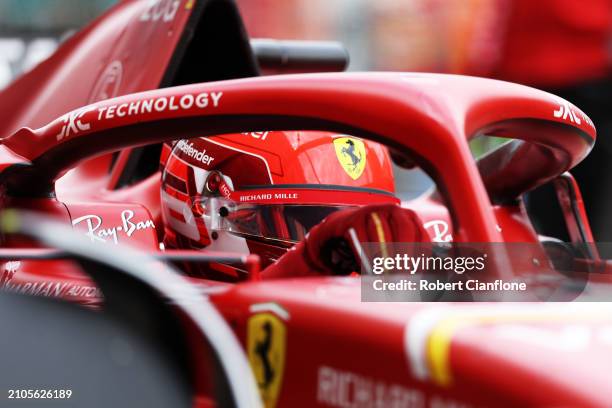 Charles Leclerc of Monaco and Ferrari prepares to drive in the Pitlane during final practice ahead of the F1 Grand Prix of Australia at Albert Park...