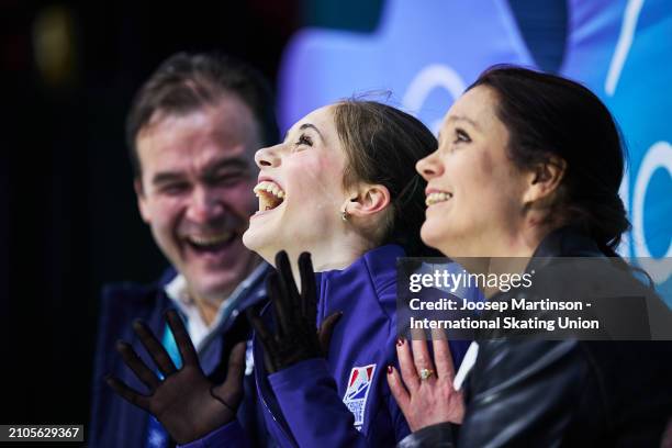 Isabeau Levito of the United States reacts at the kiss and cry in the Women's Free Skating during the ISU World Figure Skating Championships at...