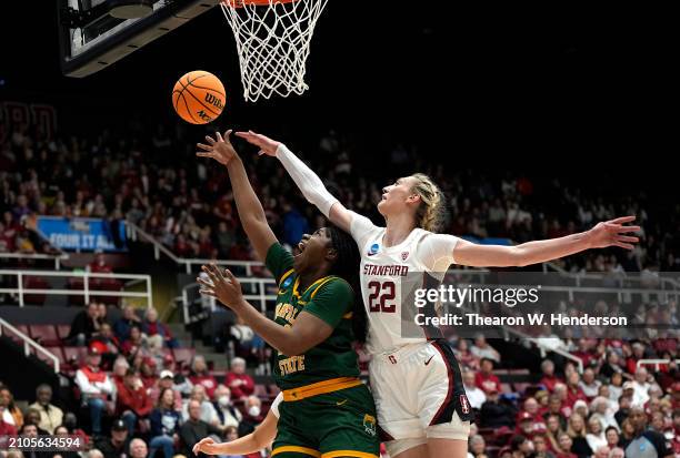 Diamond Kierra Wheeler of the Norfolk State Spartans shoots over Cameron Brink of the Stanford Cardinal during the first half in the first round of...