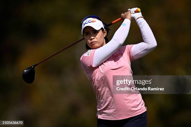 Moriya Jutanugarn of Thailand hits her tee shot on the 12th hole during the second round of the FIR HILLS SERI PAK Championship at Palos Verdes Golf...