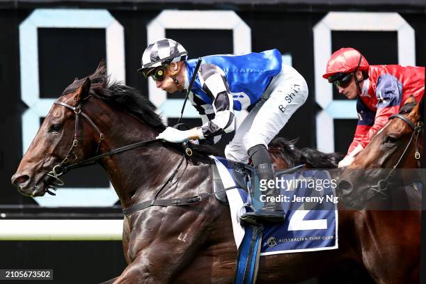 Blake Shinn riding Brave Mead wins Race 4 Irresistible Pools Darby Munro Stakes during the Golden Slipper Day - Sydney Racing at Rosehill Gardens on...
