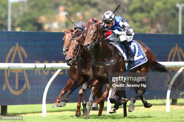 Blake Shinn riding Brave Mead wins Race 4 Irresistible Pools Darby Munro Stakes during the Golden Slipper Day - Sydney Racing at Rosehill Gardens on...