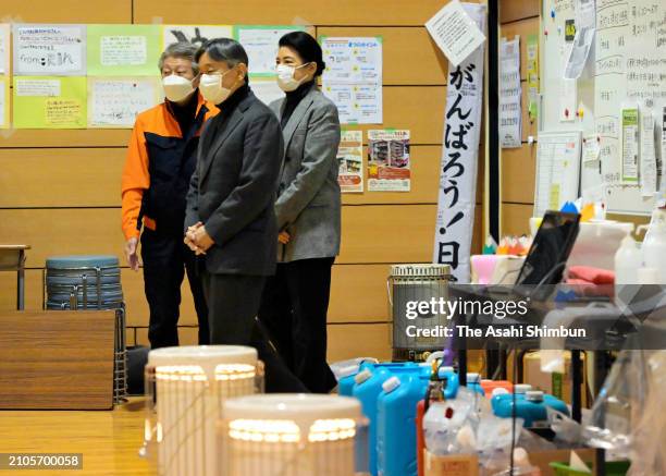 Emperor Naruhito and Empress Masako are seen on arrival at Midorigaoka Junior High School where evacuees take shelter after the Noto Peninsula...