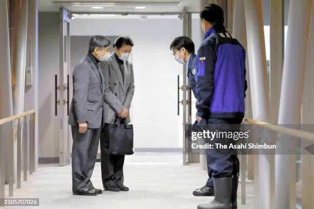Emperor Naruhito and Empress Masako are seen off at Noto Airport after visiting quake hit Noto Peninsula on March 22, 2024 in Wajima, Ishikawa, Japan.